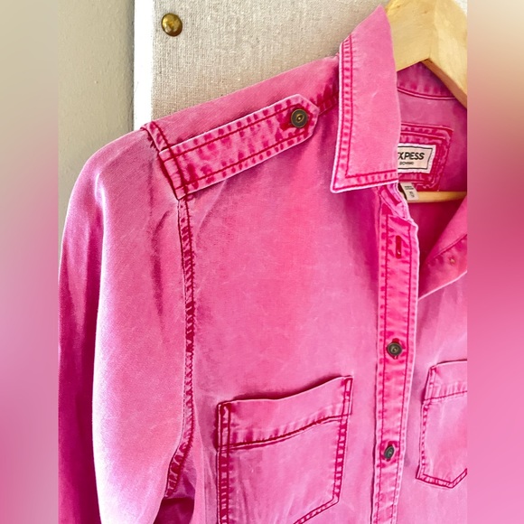 Express Pink Military Shirt Boyfriend Fit Button Down Roll Tab Sleeve Size XS - Picture 3 of 4